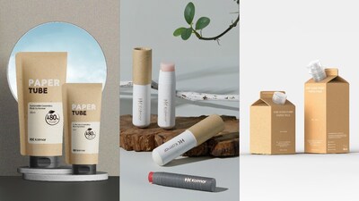 Kolmar Korea’s eco-friendly packaging innovations—paper tube (left), paper stick, and one-hand pump paper pack